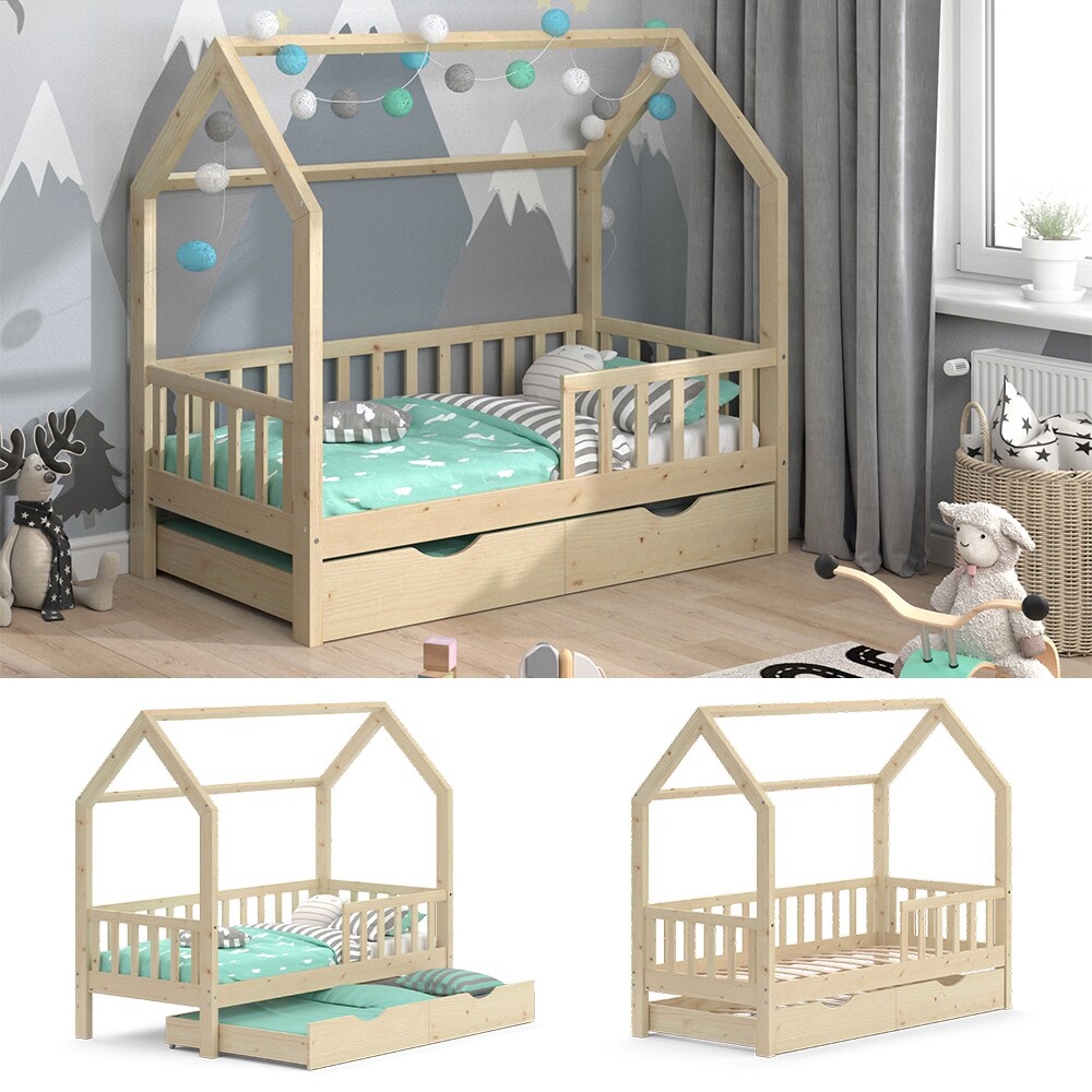 VitaliSpa Kinderbett Hausbett G&auml;stebett Wiki Natur 80x160cm Schublade Matratzen 