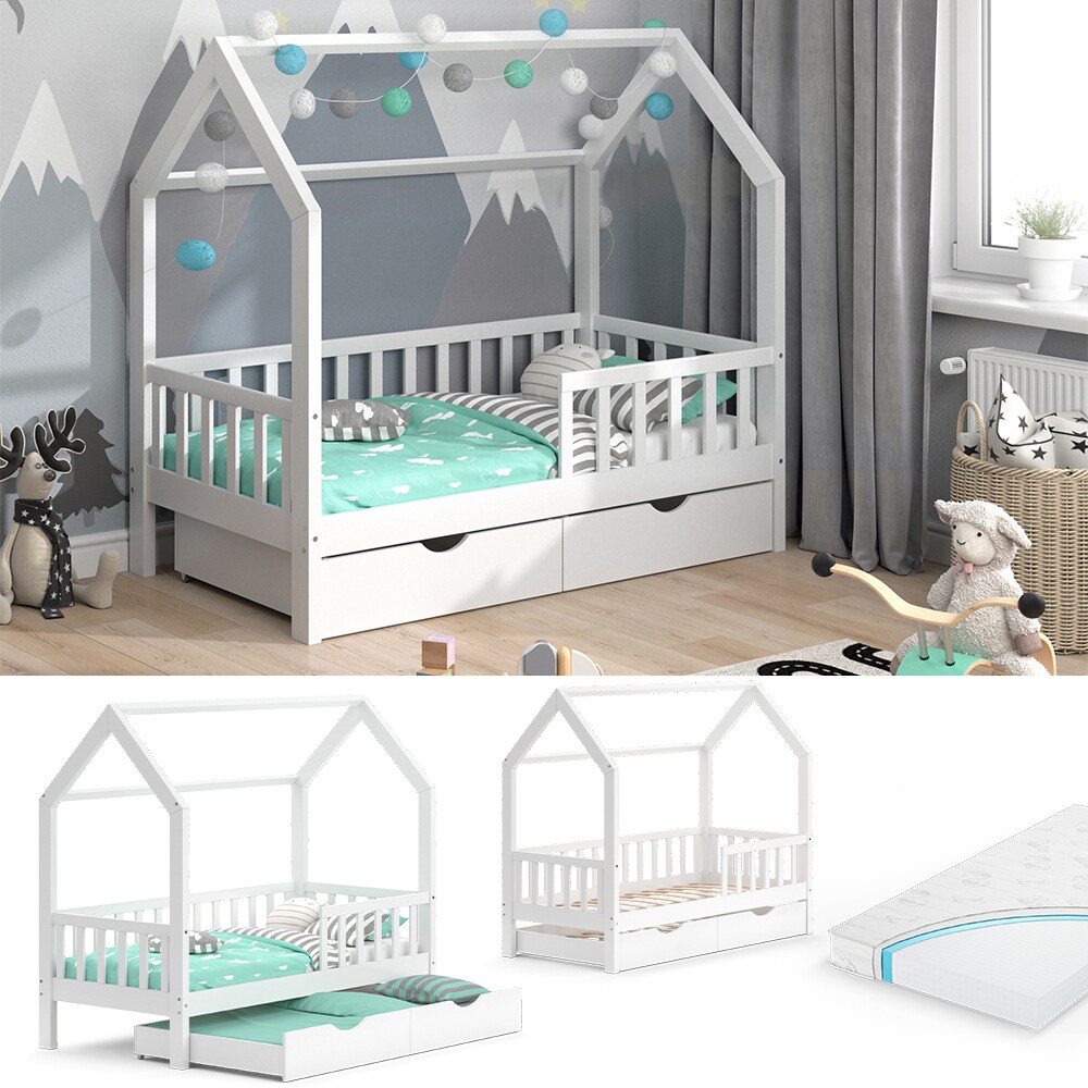 VitaliSpa Kinderbett Hausbett G&auml;stebett Wiki Wei&szlig; 80x160cm Schublade Matratze 