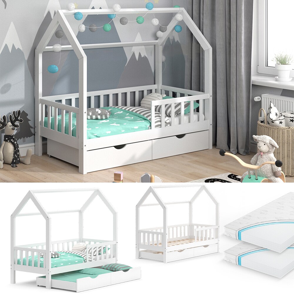 VitaliSpa Kinderbett Hausbett G&auml;stebett Wiki Wei&szlig; 80x160cm Schublade Matratzen 