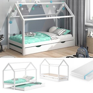 VitaliSpa Kinderbett Hausbett Gästebett Wiki Weiß 90x200cm Schublade Matratze 