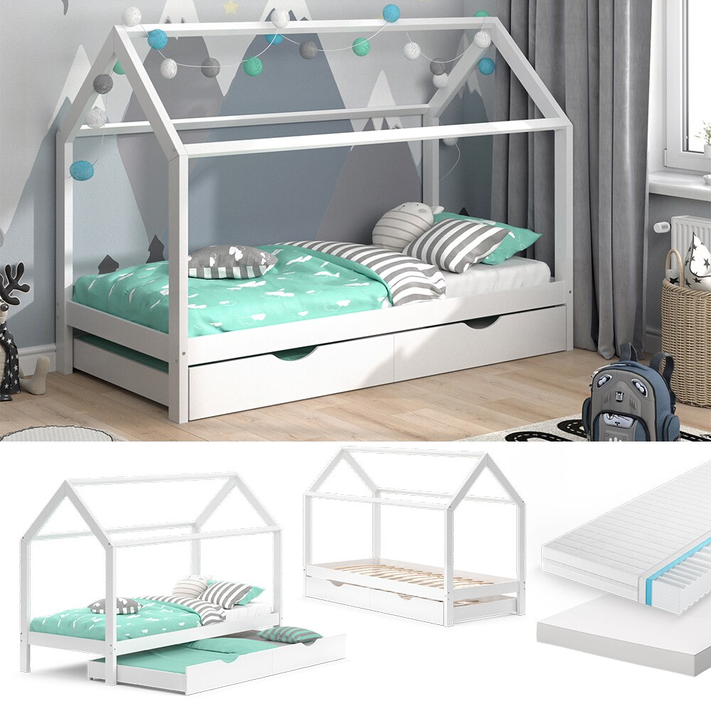 VitaliSpa Kinderbett Hausbett G&auml;stebett Wiki Wei&szlig; 90x200cm Schublade Matratzen 