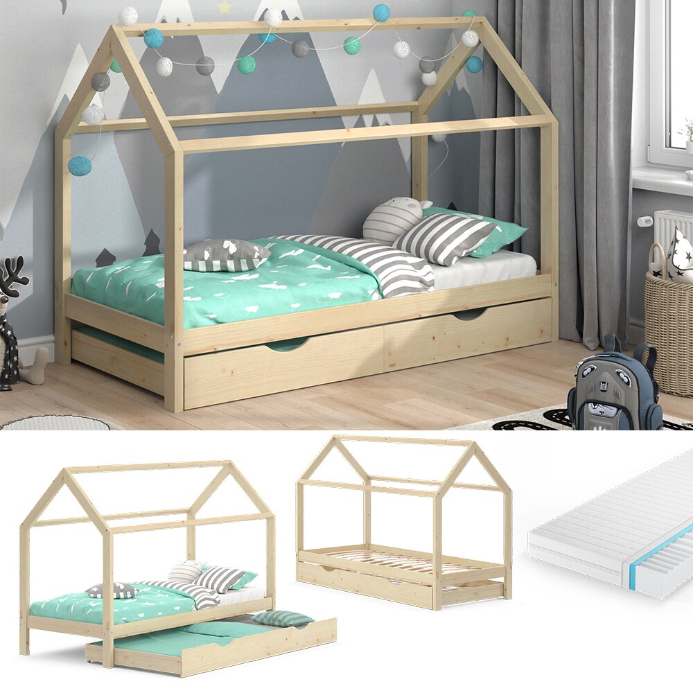 VitaliSpa Kinderbett Hausbett G&auml;stebett Wiki Natur 90x200cm Schublade Matratze 