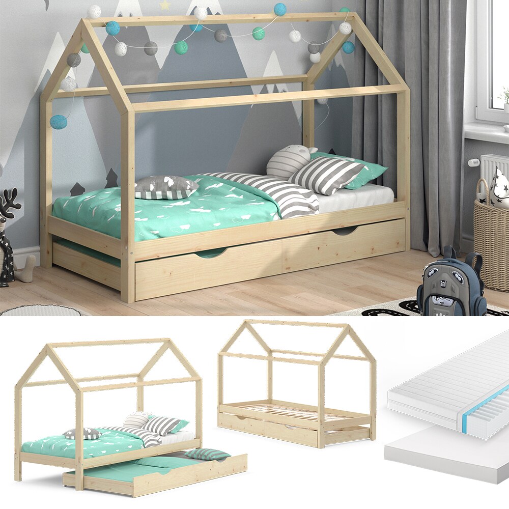 VitaliSpa Kinderbett Hausbett G&auml;stebett Wiki Natur 90x200cm Schublade Matratzen 