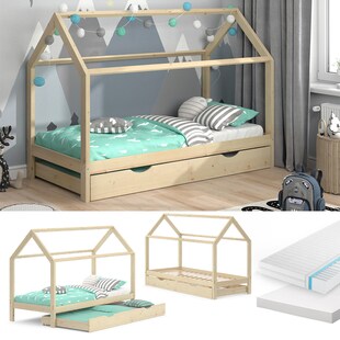 VitaliSpa Kinderbett Hausbett Gästebett Wiki Natur 90x200cm Schublade Matratzen 