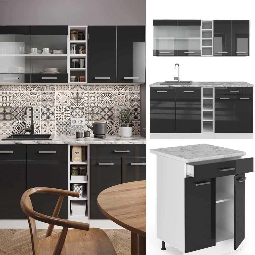 Vicco K&uuml;chenzeile K&uuml;chenblock Einbauk&uuml;che R-Line Single Wei&szlig; Anthrazit Arbeitsplatte 