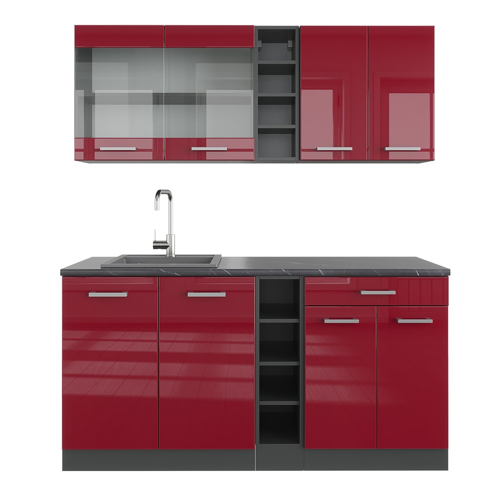 Vicco - Cuisine R-Line, Bordeaux haute brillance/anthracite, 160 cm sans plan de travail