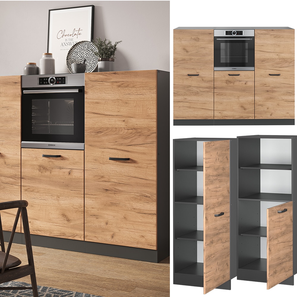 Vicco K&uuml;chenzeile K&uuml;chenblock Einbauk&uuml;che R-Line Anthrazit Eiche Backofen K&uuml;chenschrank 