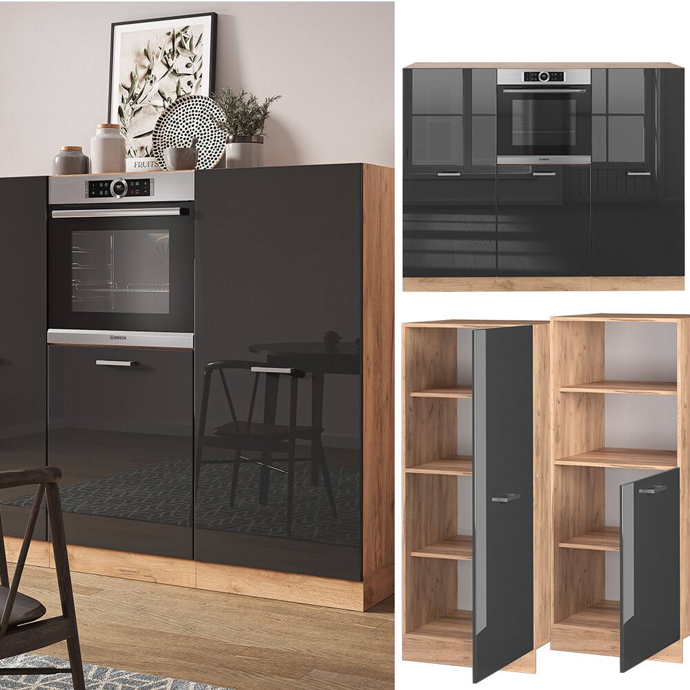 Vicco K&uuml;chenzeile K&uuml;chenblock Einbauk&uuml;che R-Line Eiche Anthrazit Hochglanz Backofen 