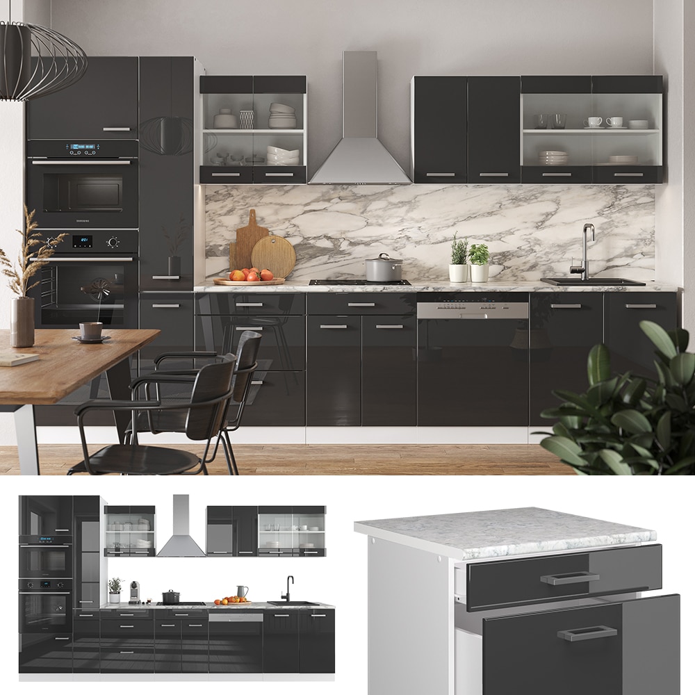 Vicco - Ligne de cuisine R-Line, Anthracite brillant/blanc, 350 cm avec armoire haute, pt Marbre
