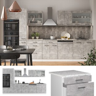 Vicco Küchenzeile Küchenblock Einbauküche R-Line 350 cm Weiß Beton Küche 