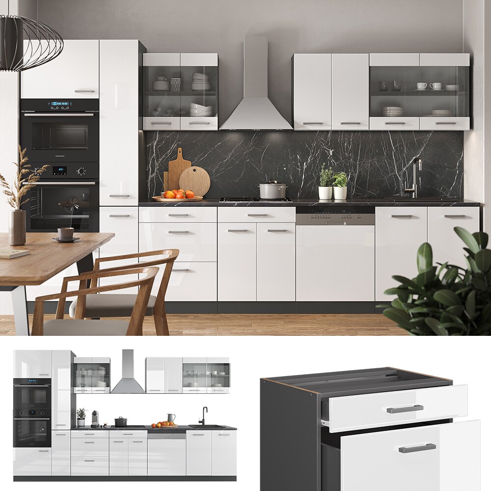 Vicco K&uuml;chenzeile K&uuml;chenblock Einbauk&uuml;che R-Line 350 cm Anthrazit Wei&szlig; Hochglanz K&uuml;che 