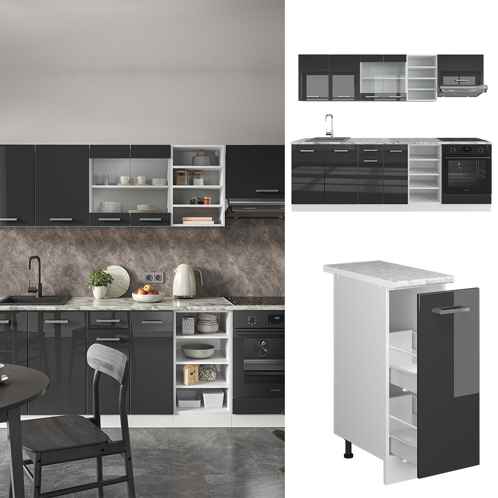 Vicco K&uuml;chenzeile K&uuml;chenblock Einbauk&uuml;che R-Line 240 cm Wei&szlig; Anthrazit Arbeitsplatte Hochglanz 