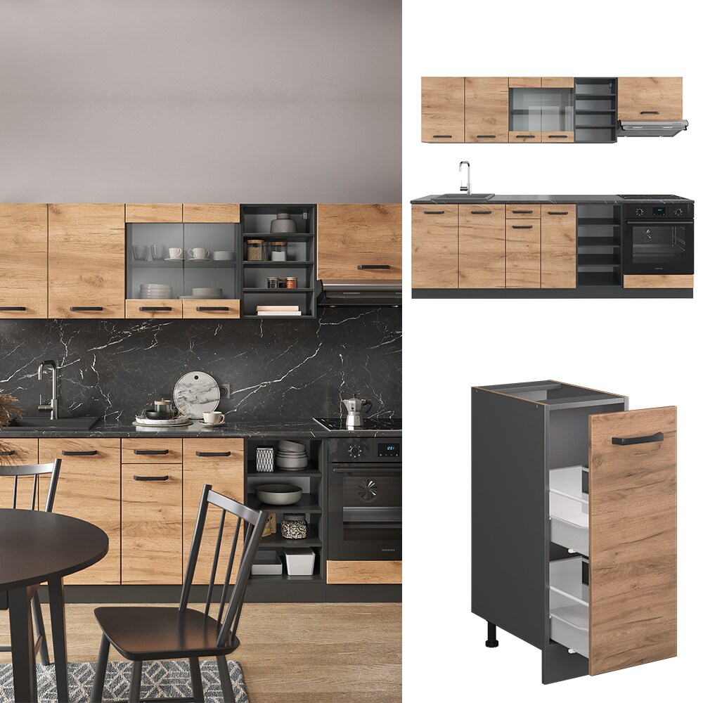 Vicco K&uuml;chenzeile K&uuml;chenblock Einbauk&uuml;che R-Line 240 cm Anthrazit Eiche K&uuml;che 