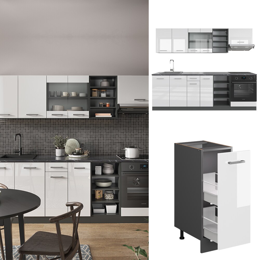 Vicco K&uuml;chenzeile K&uuml;chenblock Einbauk&uuml;che R-Line 240 cm Anthrazit Wei&szlig; Hochglanz K&uuml;che 