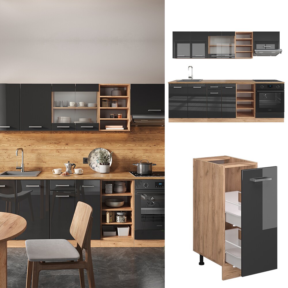 Vicco K&uuml;chenzeile K&uuml;chenblock Einbauk&uuml;che R-Line 240 cm Eiche Anthrazit Hochglanz 