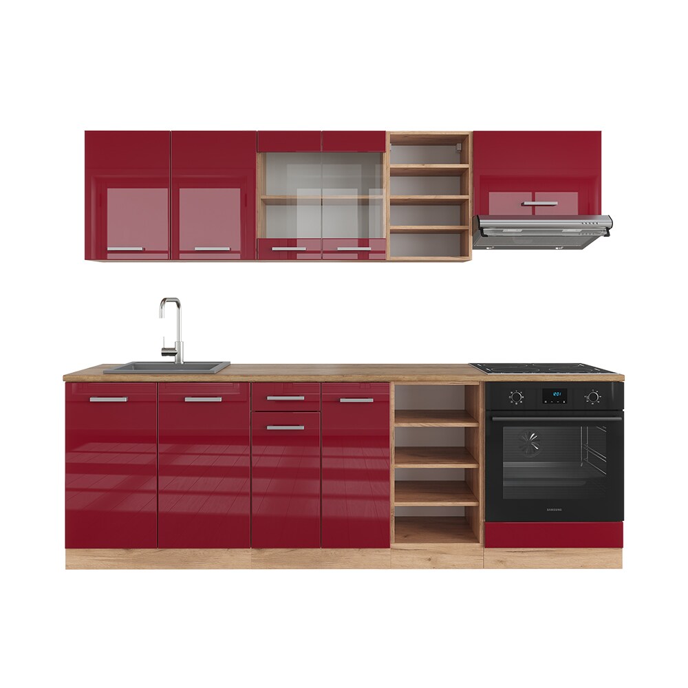 Cuisine R-Line, Rouge brillant/Chêne doré, 240cm sans PT, Vicco
