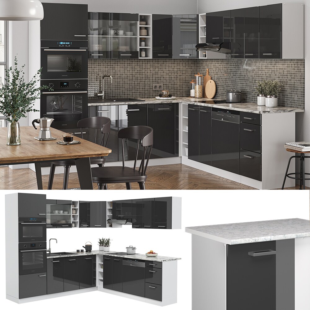 Vicco K&uuml;chenzeile Eckk&uuml;che Einbauk&uuml;che R-Line Ecke Wei&szlig; Anthrazit Arbeitsplatte Hochglanz 