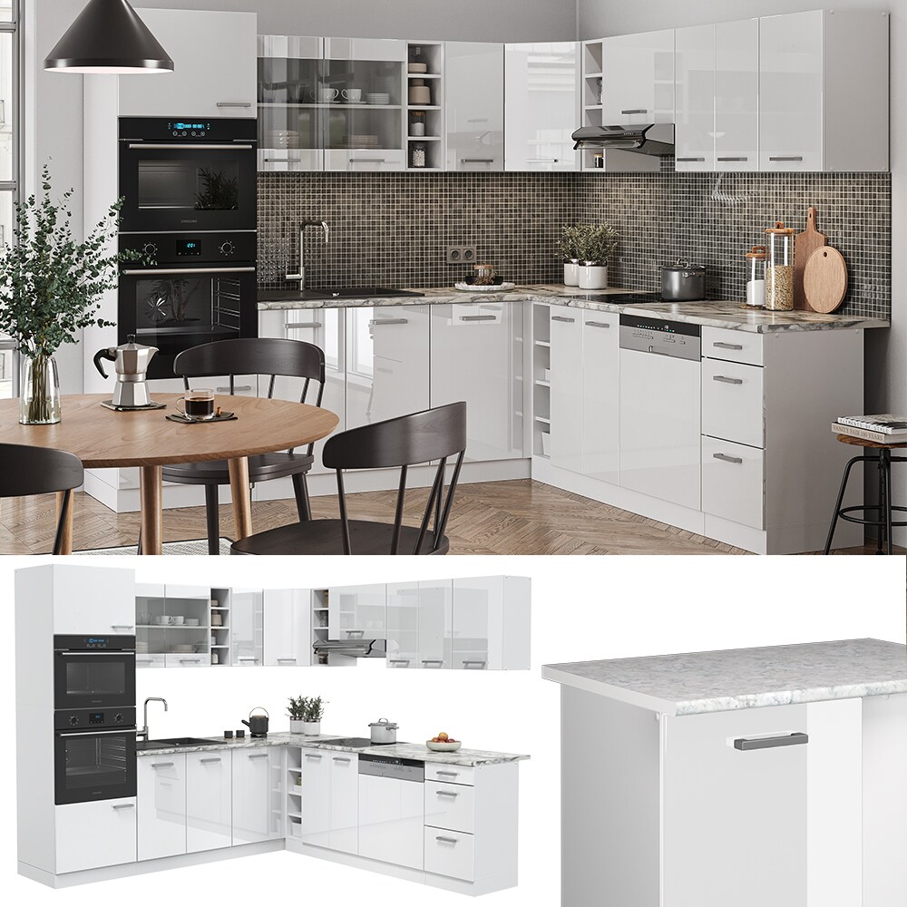 Vicco K&uuml;chenzeile Eckk&uuml;che Einbauk&uuml;che R-Line Ecke Wei&szlig; Arbeitsplatte Hochglanz 