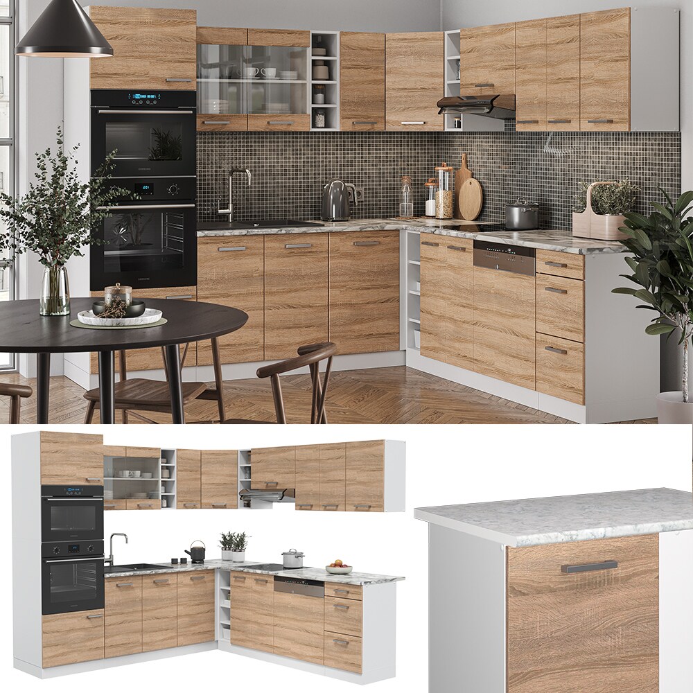 Vicco K&uuml;chenzeile Eckk&uuml;che Einbauk&uuml;che R-Line Ecke Wei&szlig; Sonoma Arbeitsplatte 