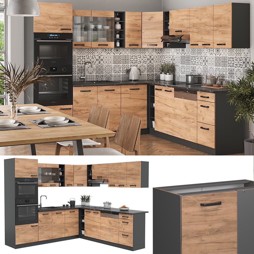 Vicco K&uuml;chenzeile Eckk&uuml;che Einbauk&uuml;che R-Line Ecke Anthrazit Eiche K&uuml;chenblock 