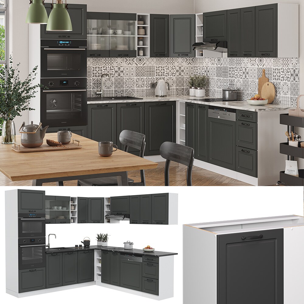 Vicco K&uuml;chenzeile Eckk&uuml;che Einbauk&uuml;che R-Line Ecke Landhaus Wei&szlig; Anthrazit K&uuml;chenblock 