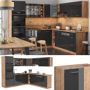 Vicco Küchenzeile Eckküche Einbauküche R-Line Ecke Eiche Anthrazit Küchenblock Hochglanz 