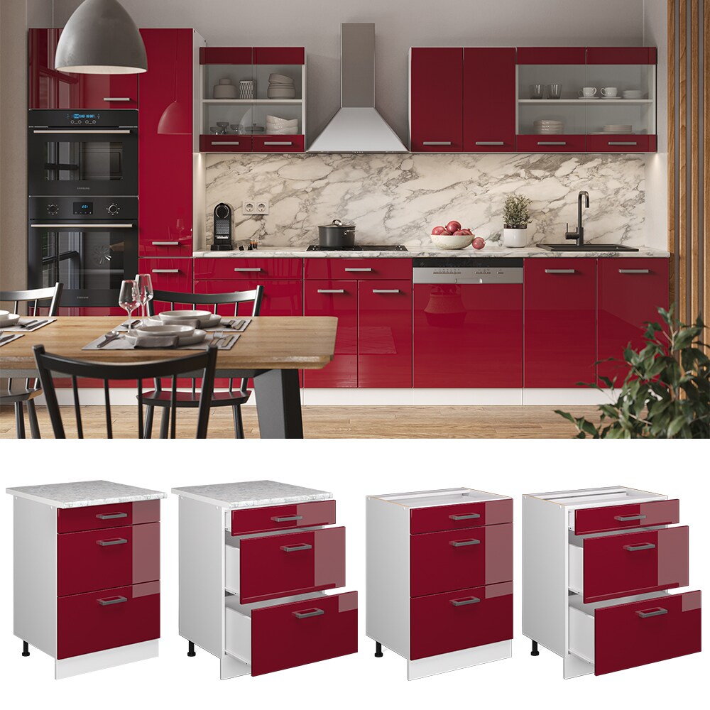 Vicco Schubladenunterschrank K&uuml;chenschrank K&uuml;chenzeile R-Line 60 cm Wei&szlig; Bordeaux Schublade 