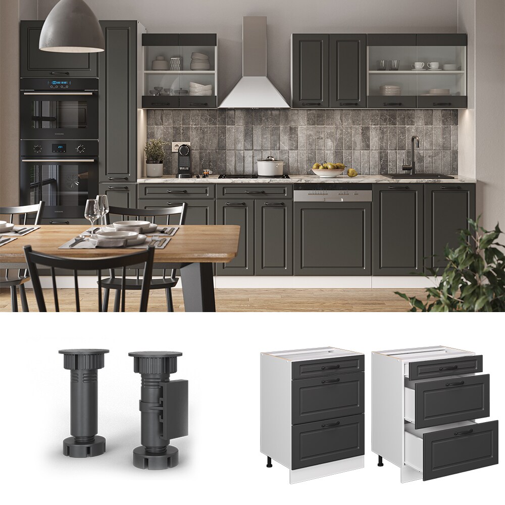 Vicco Schubladenunterschrank K&uuml;chenschrank K&uuml;chenzeile R-Line Landhaus 60 cm Wei&szlig; Anthrazit Schublade 