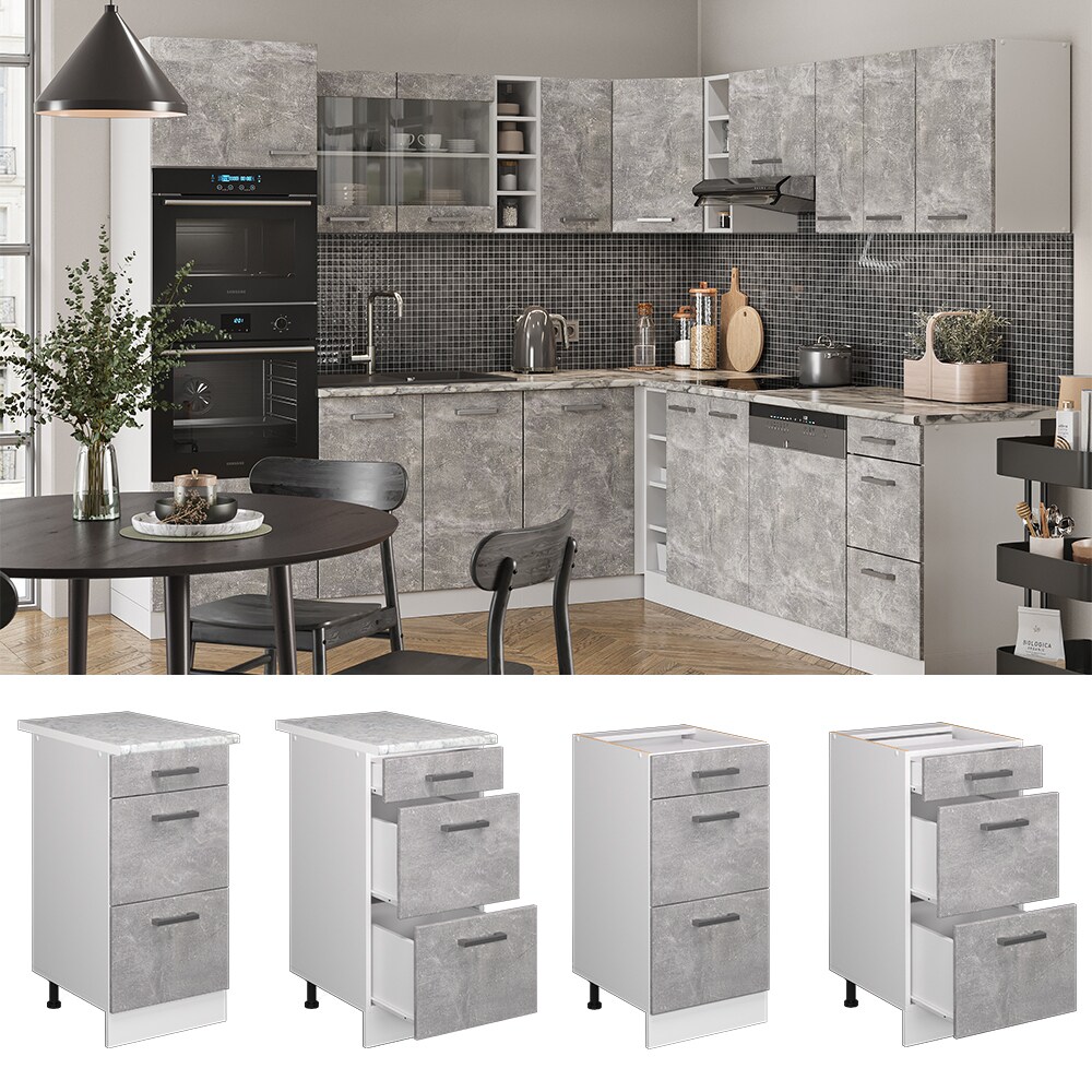 Vicco Schubladenunterschrank K&uuml;chenschrank K&uuml;chenzeile R-Line 40 cm Wei&szlig; Beton Schublade 