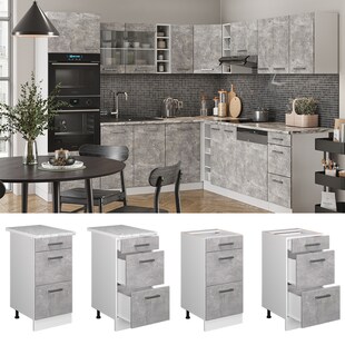 Vicco Schubladenunterschrank Küchenschrank Küchenzeile R-Line 40 cm Weiß Beton Schublade Arbeitsplatte 