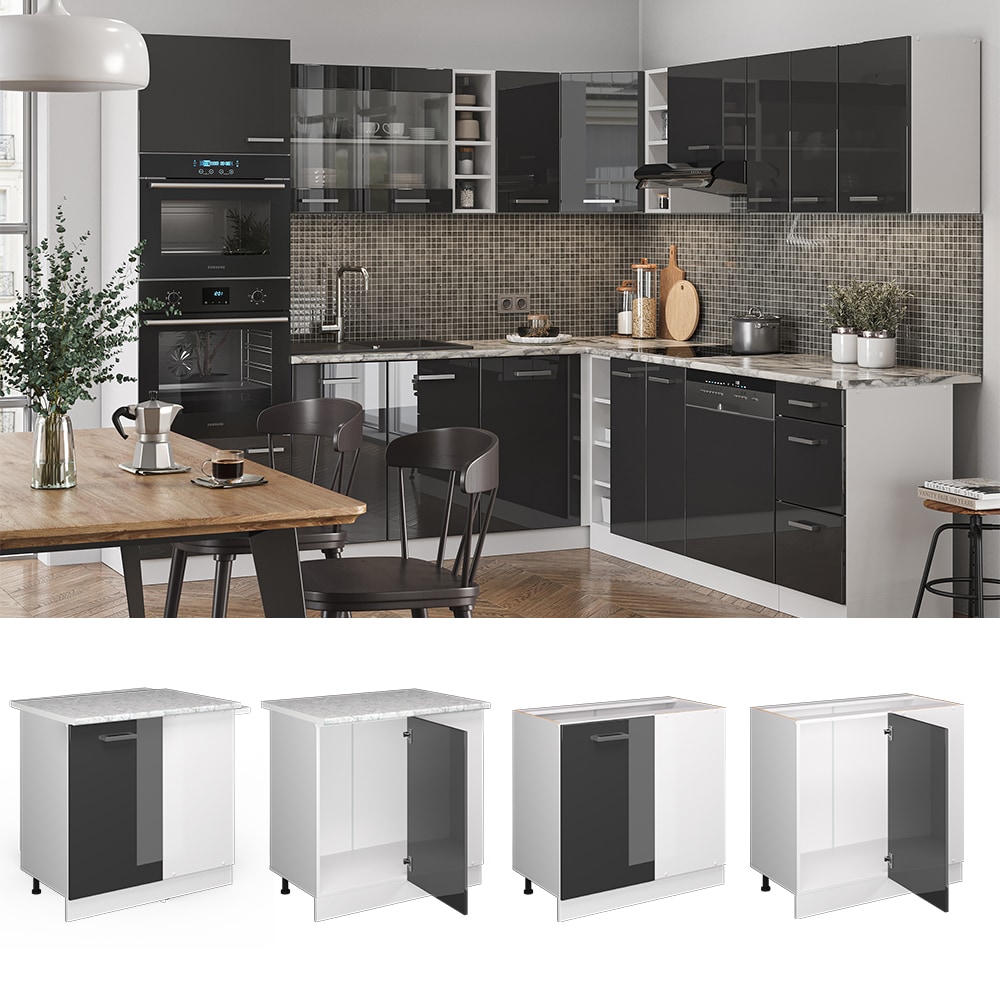 Vicco Eckunterschrank K&uuml;chenschrank K&uuml;chenzeile R-Line 86 cm Wei&szlig; Anthrazit T&uuml;r Hochglanz Arbeitsplatte 