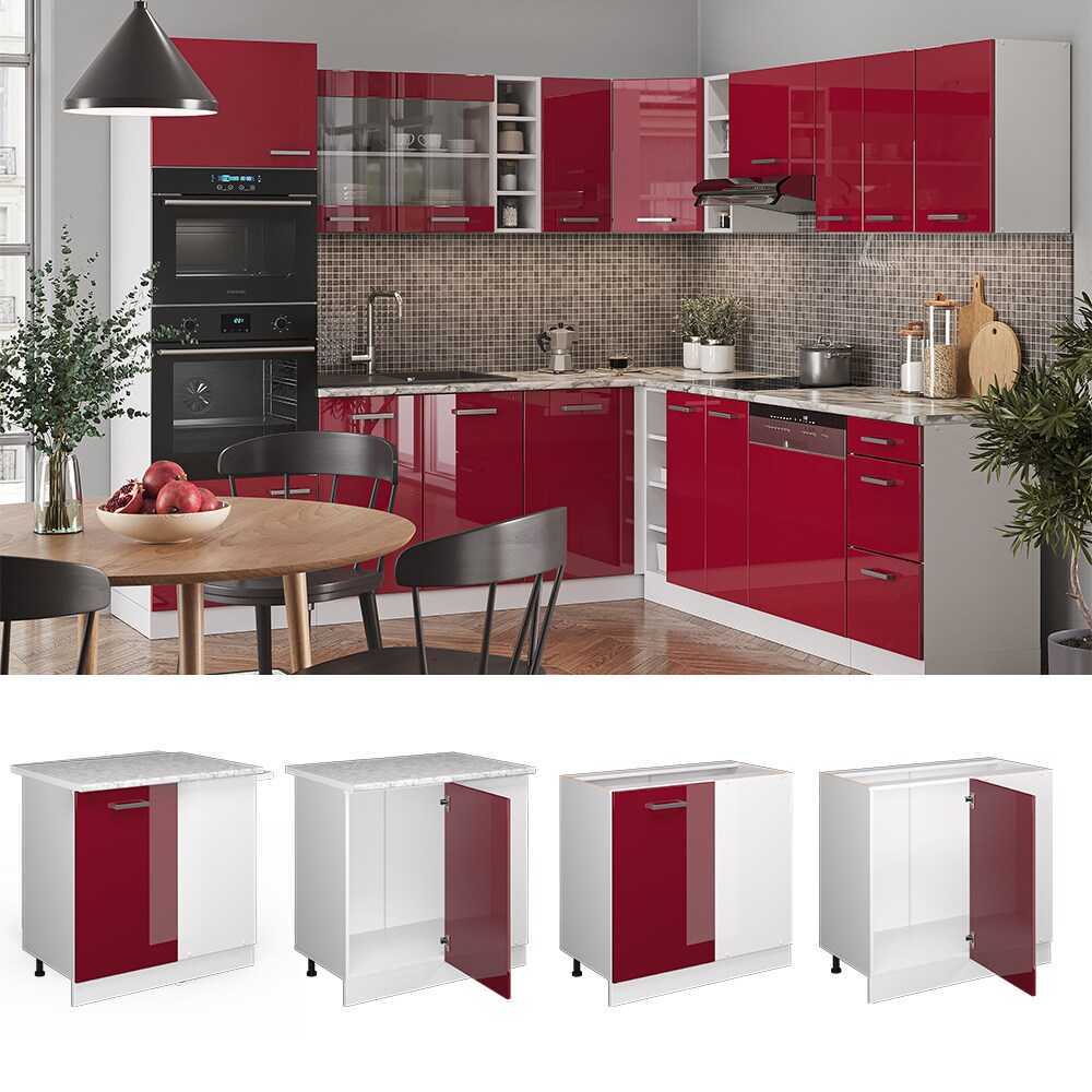 Vicco Eckunterschrank K&uuml;chenschrank K&uuml;chenzeile R-Line 86 cm Wei&szlig; Bordeaux T&uuml;r Hochglanz 