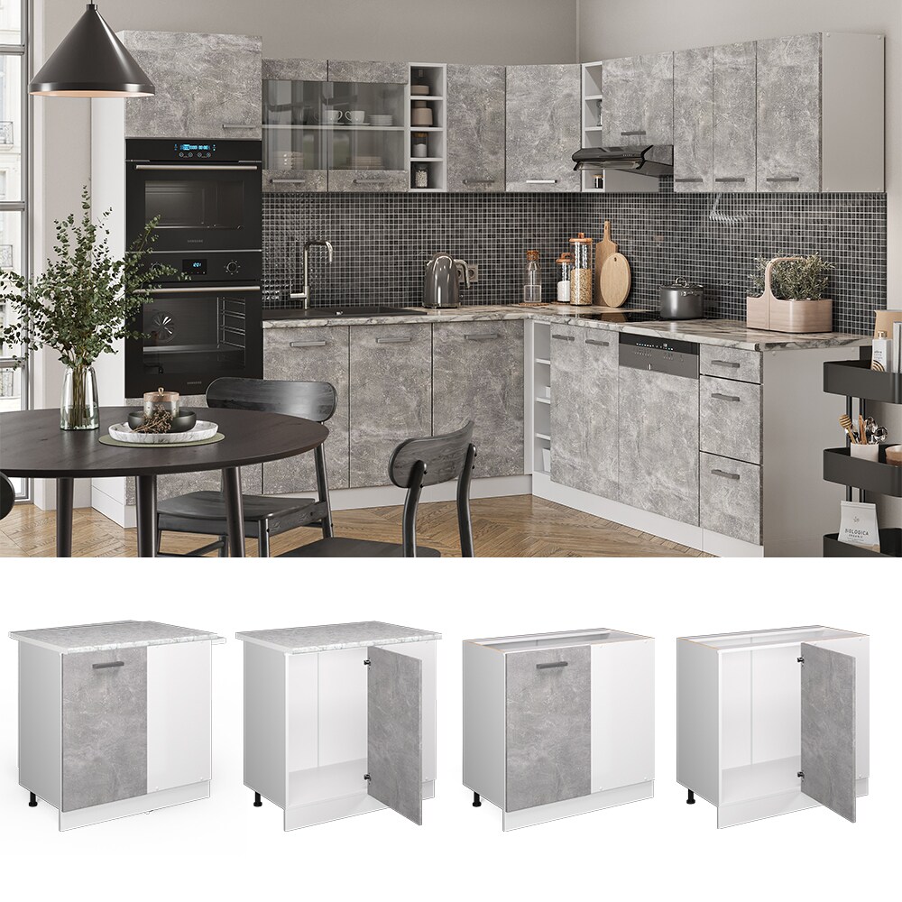 Vicco Eckunterschrank K&uuml;chenschrank K&uuml;chenzeile R-Line 86 cm Wei&szlig; Beton T&uuml;r Arbeitsplatte 