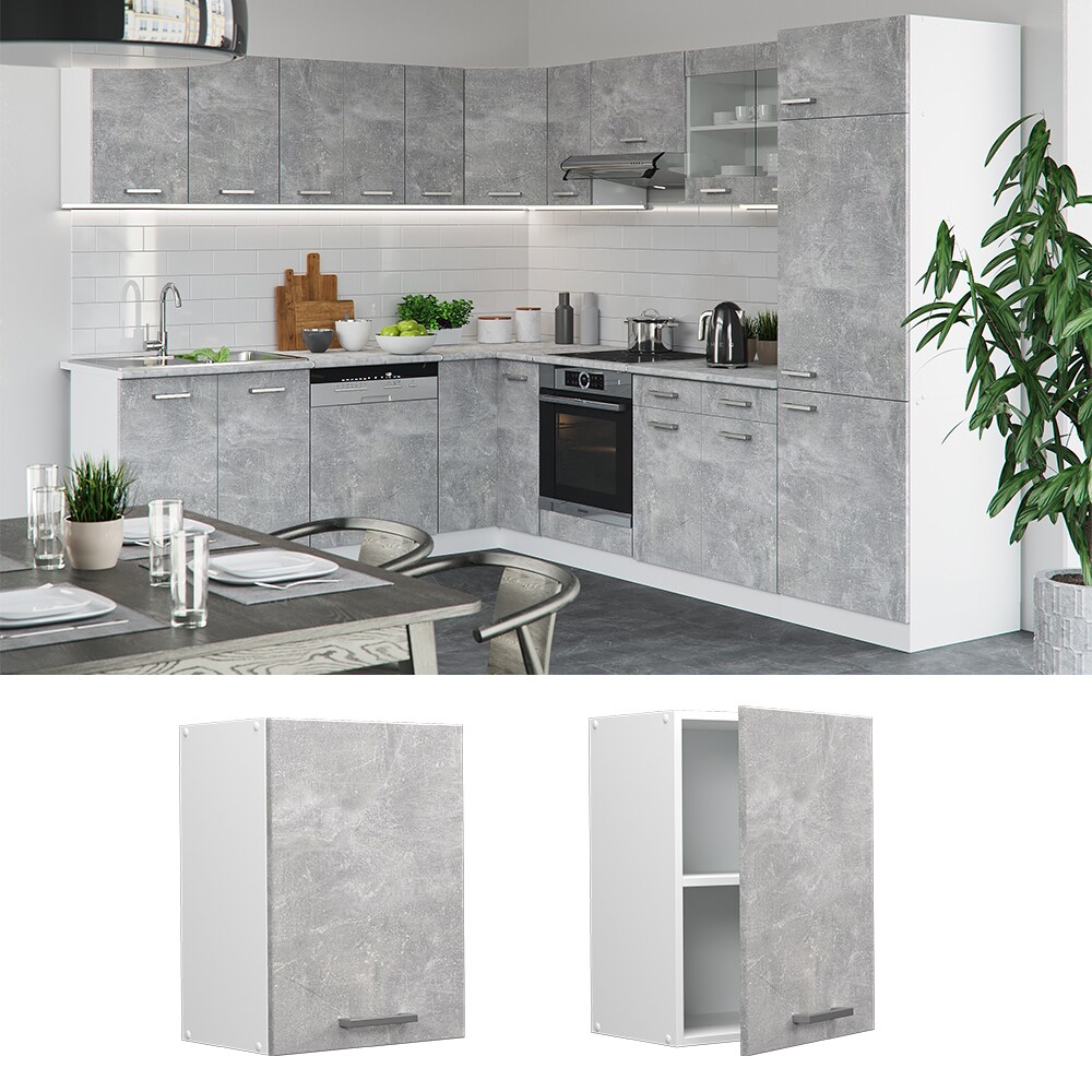 Vicco H&auml;ngeschrank K&uuml;chenschrank K&uuml;chenzeile R-Line 45 cm Wei&szlig; Beton T&uuml;r F&auml;cher 