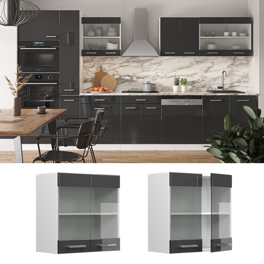 Vicco H&auml;ngeglasschrank K&uuml;chenschrank K&uuml;chenzeile R-Line 60 cm Wei&szlig; Anthrazit T&uuml;r F&auml;cher Hochglanz 