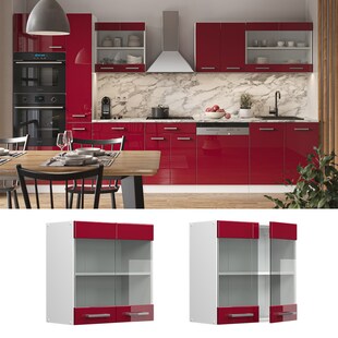 Vicco Hängeglasschrank Küchenschrank Küchenzeile R-Line 60 cm Weiß Bordeaux Tür Fächer Hochglanz 