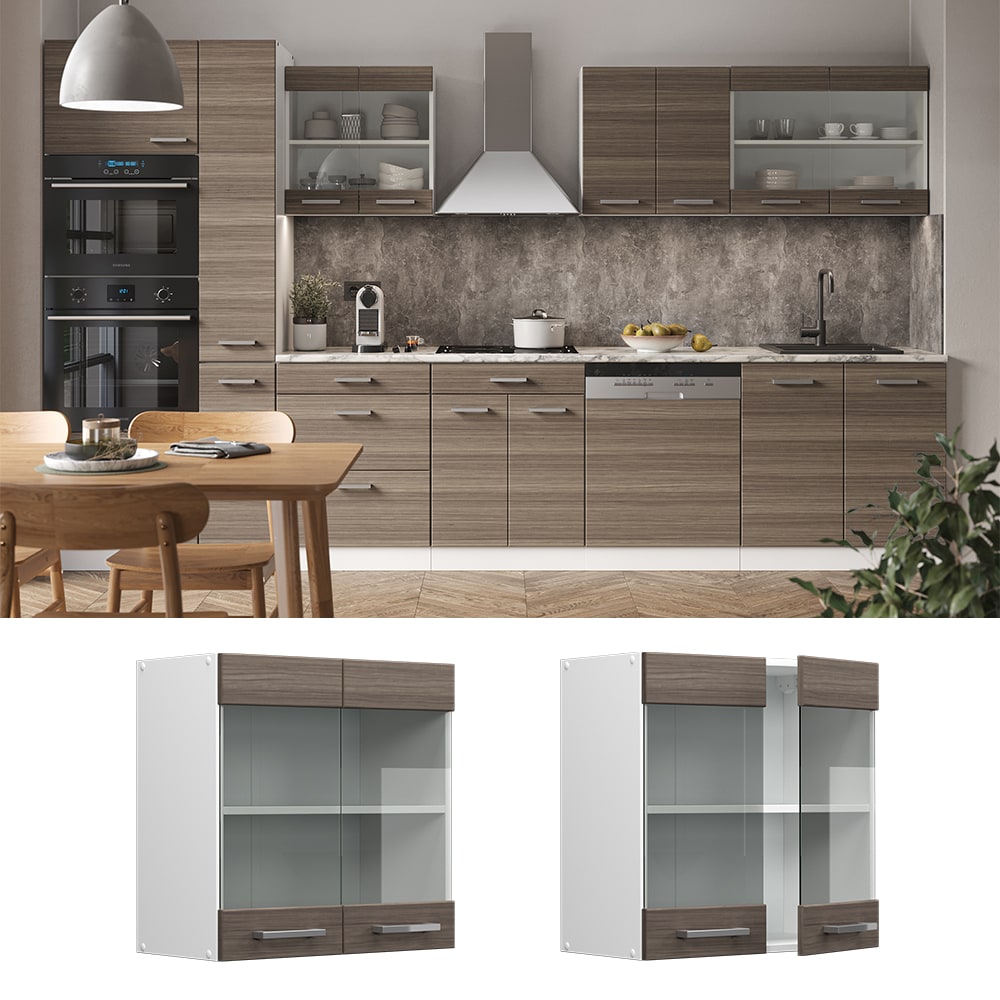 Vicco H&auml;ngeglasschrank K&uuml;chenschrank K&uuml;chenzeile R-Line 60 cm Wei&szlig; Edelgrau T&uuml;r F&auml;cher 