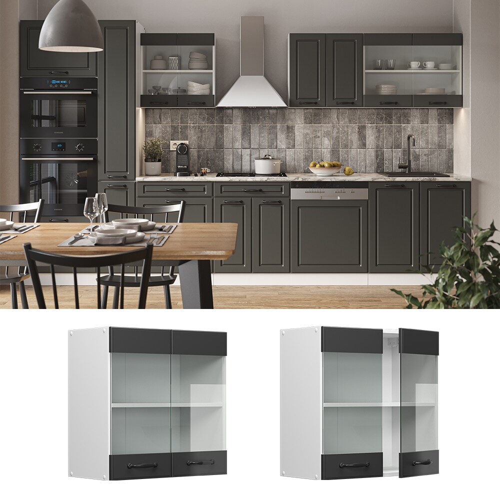 Vicco H&auml;ngeglasschrank K&uuml;chenschrank K&uuml;chenzeile R-Line Landhaus 60 cm Wei&szlig; Anthrazit T&uuml;r F&auml;cher 