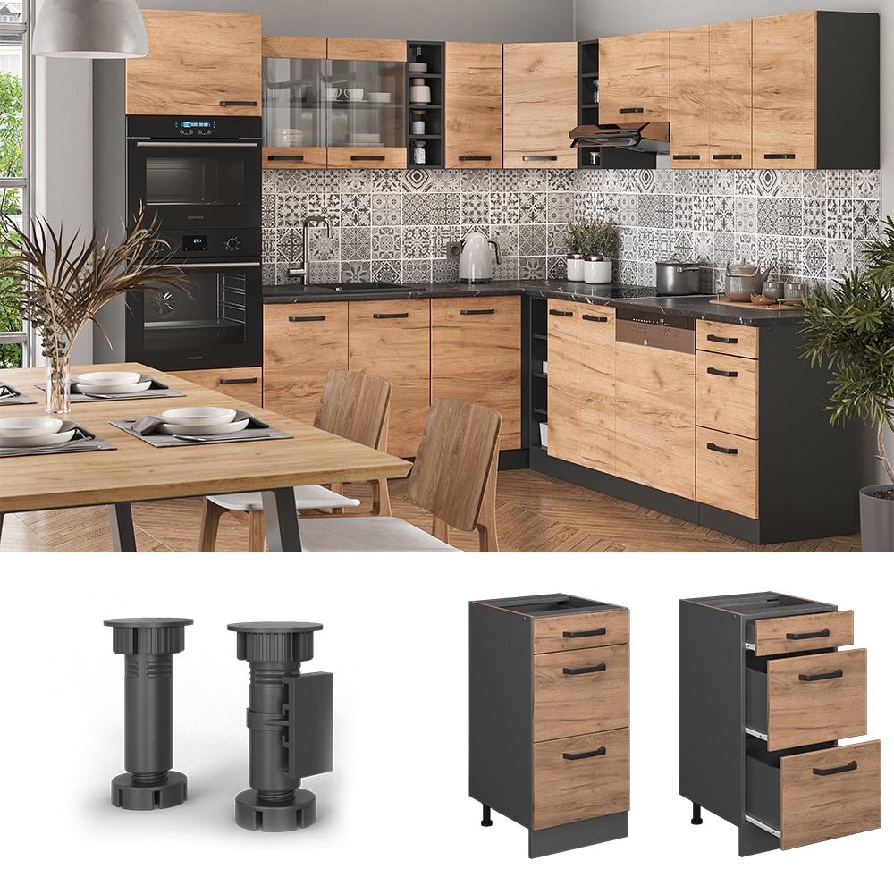 Vicco Schubladenunterschrank K&uuml;chenschrank K&uuml;chenzeile R-Line 40 cm Anthrazit Eiche Schublade 