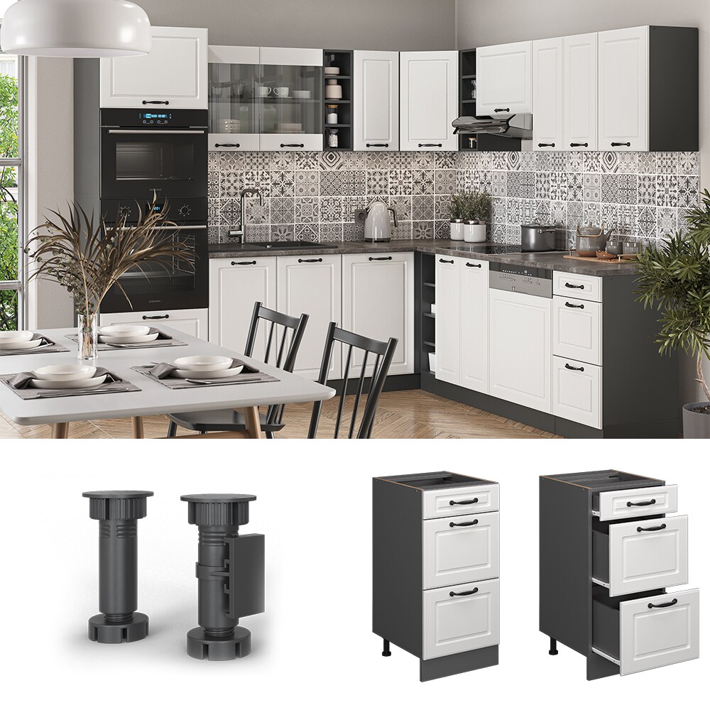 Vicco Schubladenunterschrank K&uuml;chenschrank K&uuml;chenzeile R-Line Landhaus 40 cm Anthrazit Wei&szlig; Schublade 