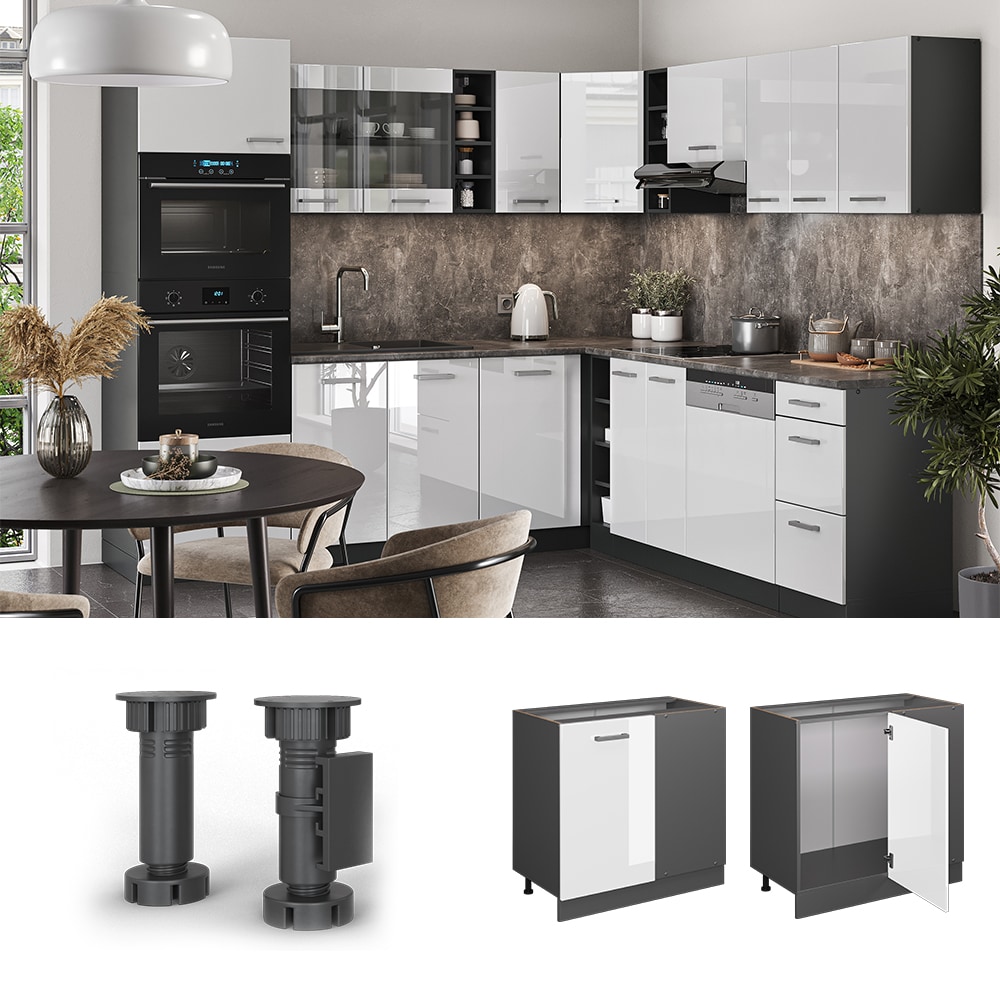 Vicco Eckunterschrank K&uuml;chenschrank K&uuml;chenzeile R-Line 86 cm Anthrazit Wei&szlig; T&uuml;r 