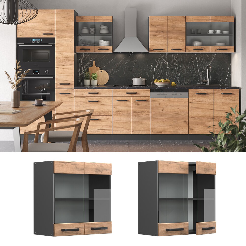 Vicco H&auml;ngeglasschrank K&uuml;chenschrank K&uuml;chenzeile R-Line 60 cm Anthrazit Eiche T&uuml;r F&auml;cher 