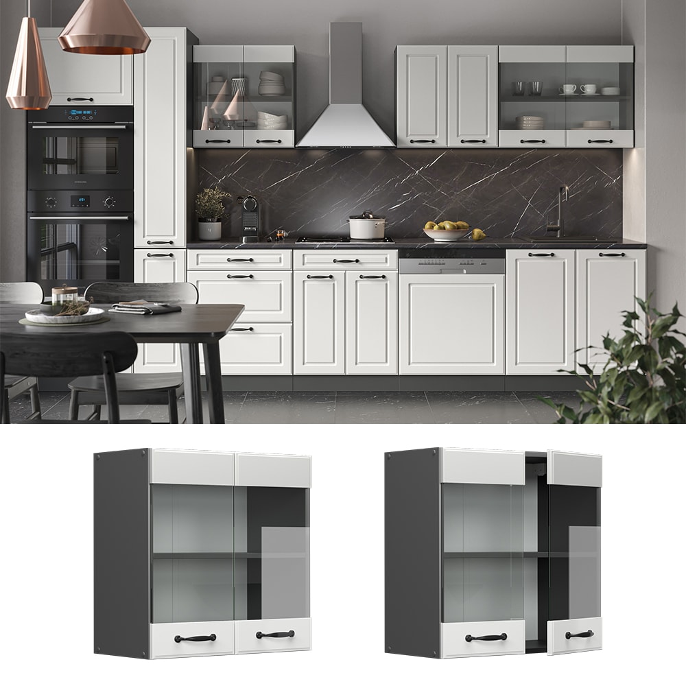 Vicco H&auml;ngeglasschrank K&uuml;chenschrank K&uuml;chenzeile R-Line Landhaus 60 cm Anthrazit Wei&szlig; T&uuml;r F&auml;cher 
