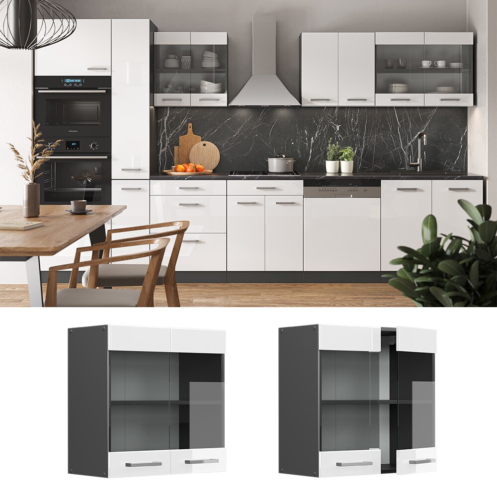 Vicco H&auml;ngeglasschrank K&uuml;chenschrank K&uuml;chenzeile R-Line 60 cm Anthrazit Wei&szlig; T&uuml;r F&auml;cher 