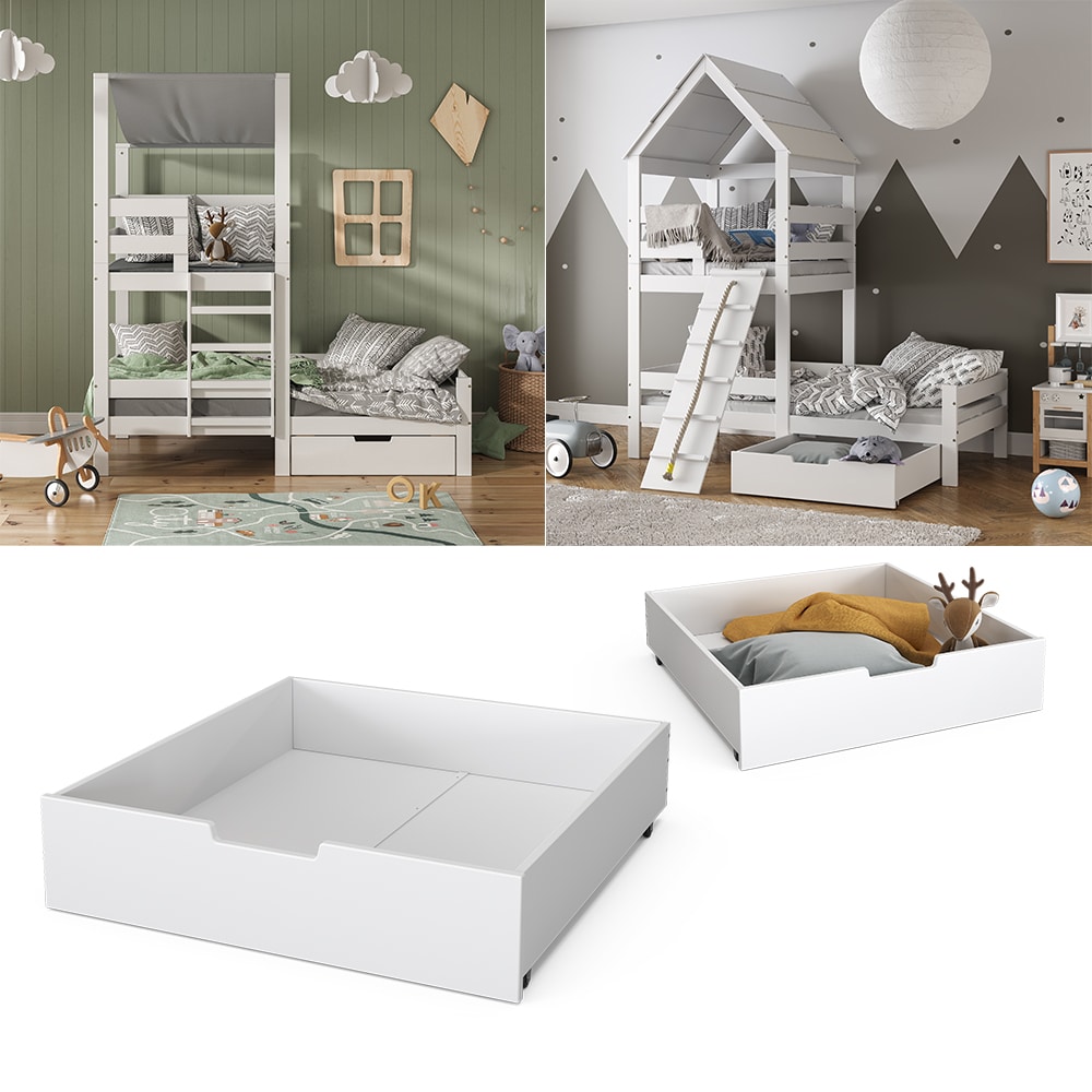VitaliSpa Bettschublade Schubladenbett Aufbewahrung Teddy Tom wei&szlig; 92x21 cm Kinderzimmer Bett Zubeh&ouml;r Spielzeug Ablage Buche Massivholz rollbar Spielturmbett 