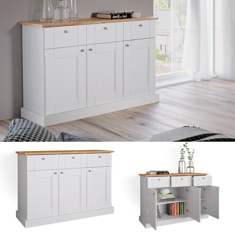 Vicco Sideboard Kommode Mehrzweckschrank Bergamo Wei&szlig; Eiche Wohnzimmer Schrank 121x87 cm Vintage Ablage Schublade Schrankt&uuml;r Anrichte Wohnzimmerm&ouml;bel 