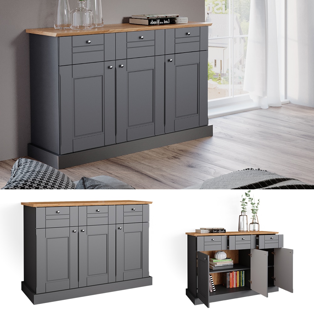Vicco Sideboard Kommode Mehrzweckschrank Bergamo Grau Eiche Wohnzimmer Schrank 121x87 cm Vintage Ablage Schublade Schrankt&uuml;r Anrichte Wohnzimmerm&ouml;bel 