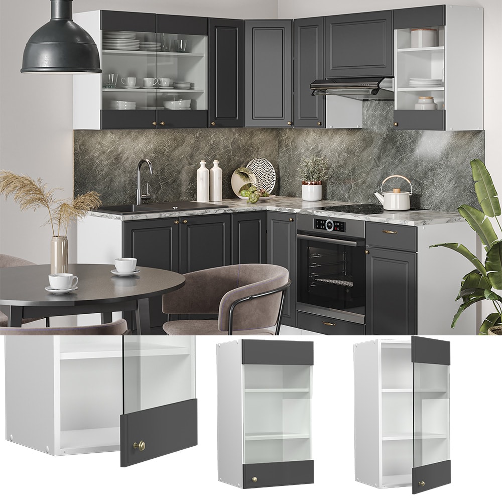 Vicco H&auml;ngeglasschrank K&uuml;chenschrank K&uuml;chenm&ouml;bel Fame-Line Wei&szlig; Anthrazit-Gold Landhaus 40 cm K&uuml;che Einbauk&uuml;che H&auml;ngeschrank Glasschrank Dreht&uuml;r Einlegeboden K&uuml;chenzeile 