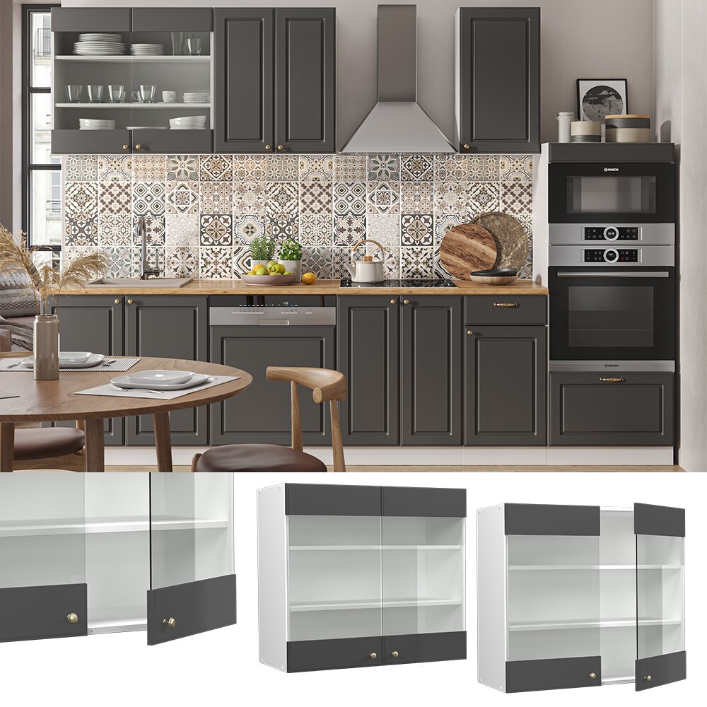 Vicco H&auml;ngeglasschrank K&uuml;chenschrank K&uuml;chenm&ouml;bel Fame-Line Wei&szlig; Anthrazit-Gold Landhaus 80 cm K&uuml;che Einbauk&uuml;che H&auml;ngeschrank Glasschrank Dreht&uuml;r Einlegeboden K&uuml;chenzeile 