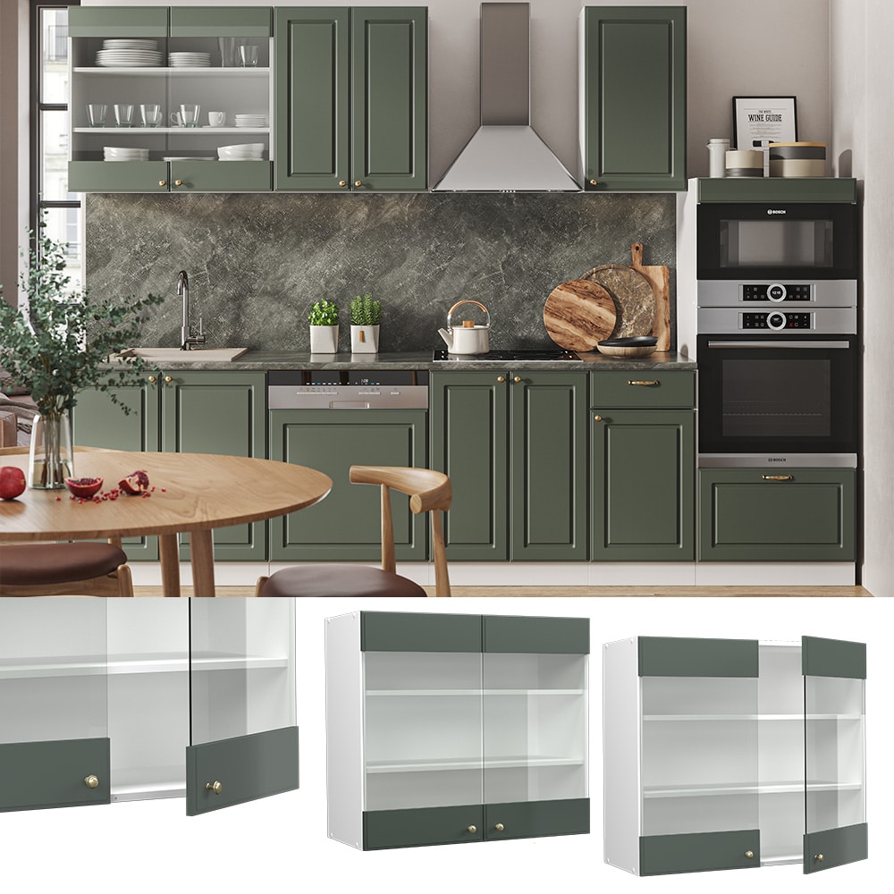 Vicco H&auml;ngeglasschrank K&uuml;chenschrank K&uuml;chenm&ouml;bel Fame-Line Wei&szlig; Gr&uuml;n-Gold Landhaus 80 cm K&uuml;che Einbauk&uuml;che H&auml;ngeschrank Glasschrank Dreht&uuml;r Einlegeboden K&uuml;chenzeile 